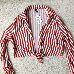Bnwt red striped longsleeve tie top blouse